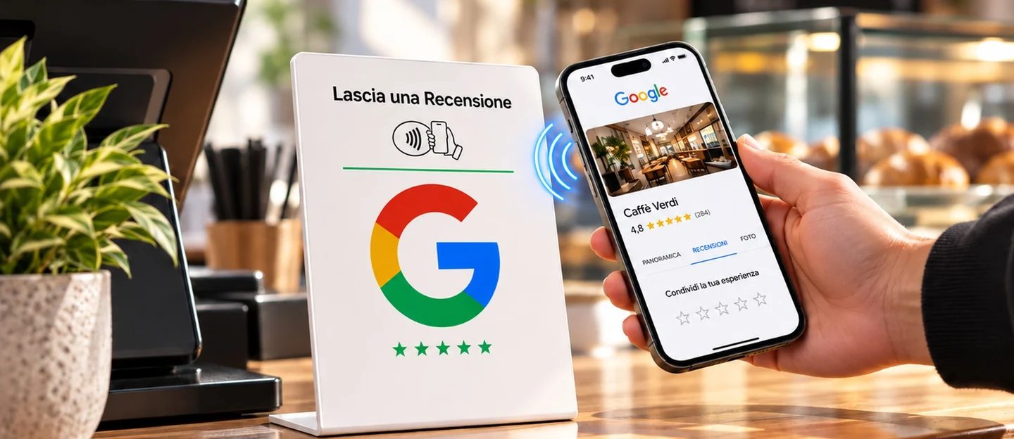 Un telefono avvicinato allo stand NFC sul bancone di un bar, con la pagina recensioni Google aperta